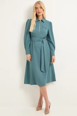 Robe Midi Chemise en Crêpe à Zip Frontal Petite Taille