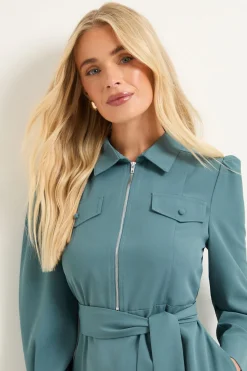 Robe Midi Chemise en Crêpe à Zip Frontal Petite Taille