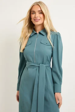 Robe Midi Chemise en Crêpe à Zip Frontal Petite Taille