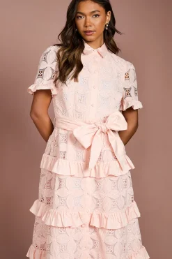 Robe Midi Chemise en Dentelle à Volants Étagés
