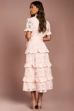 Robe Midi Chemise en Dentelle à Volants Étagés