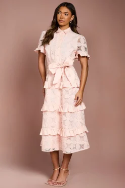 Robe Midi Chemise en Dentelle à Volants Étagés