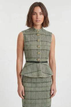 Robe Midi Cintrée À Carreaux Avec Basque Et Ceinture