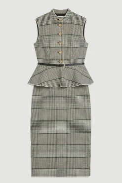 Robe Midi Cintrée À Carreaux Avec Basque Et Ceinture