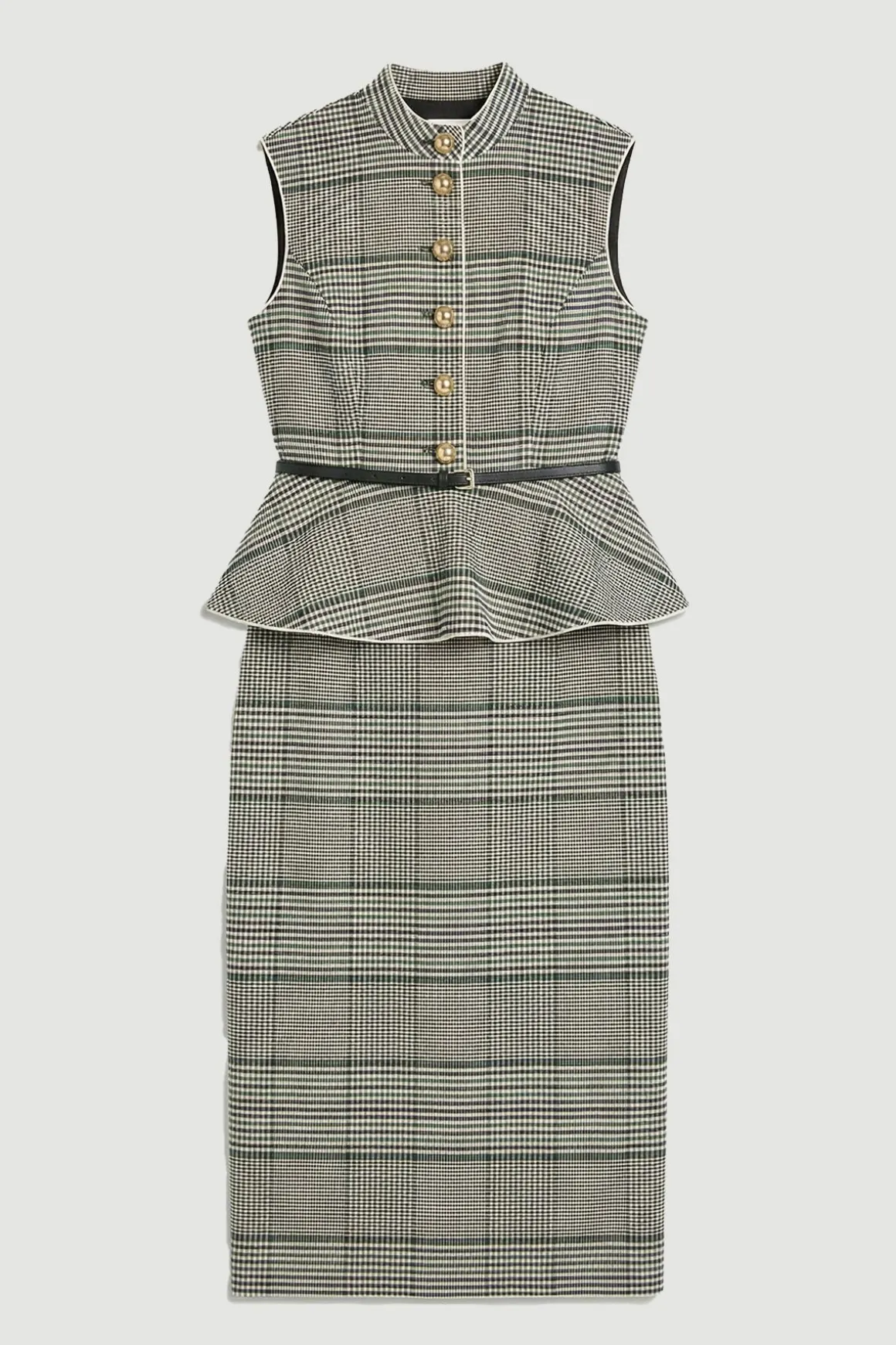 Robe Midi Cintrée À Carreaux Avec Basque Et Ceinture
