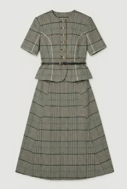 KarenMillen Robe Midi Cintrée À Carreaux Avec Basque Et Ceinture<Femme Toutes Les Robes|Robes Mi-Longues