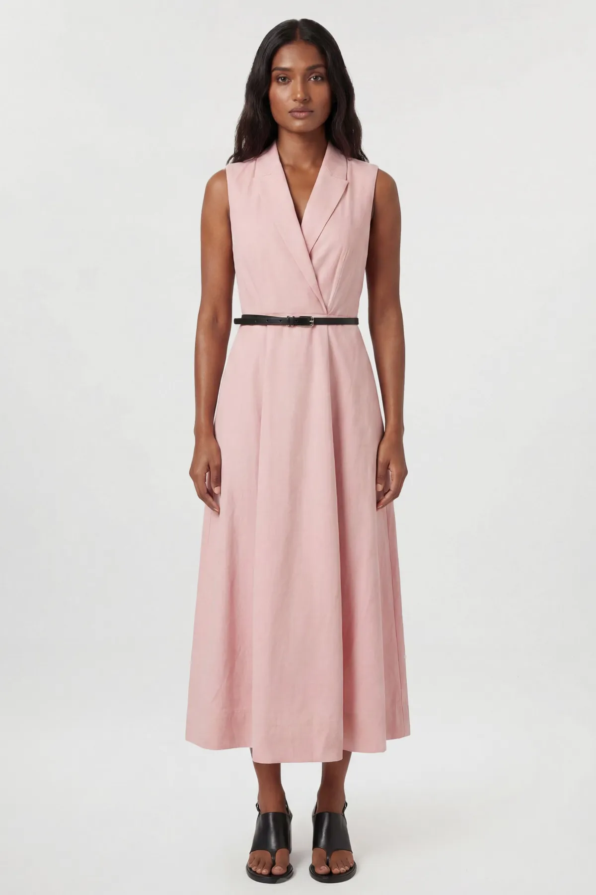 KarenMillen Robe Midi Cintrée À Ceinture En Viscose Lin Premium Avec Jupe Ample Et Coupe Ajustée<Femme Robes|Robes Mi-Longues