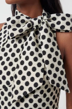 Robe Midi Cintrée À Col Nœud Et Jupe Ample En Jacquard À Pois