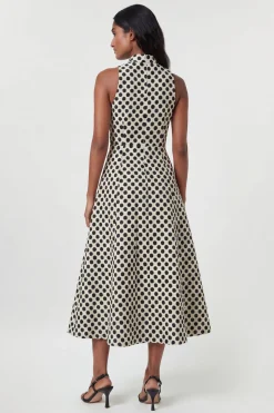 Robe Midi Cintrée À Col Nœud Et Jupe Ample En Jacquard À Pois