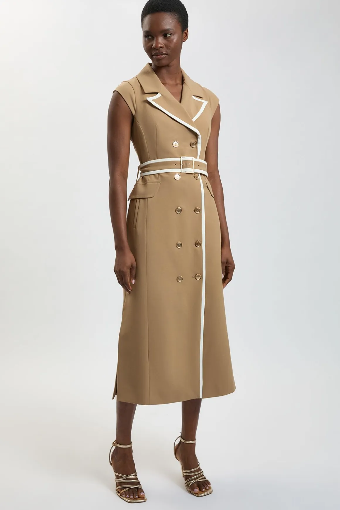 Robe Midi Cintrée À Double Boutonnage Avec Ceinture Et Détails Contrastés - Petite