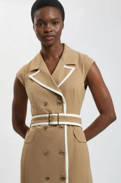 Robe Midi Cintrée À Double Boutonnage Avec Ceinture Et Liserés Contrastants