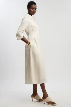 Robe Midi Cintrée En Lin Avec Pinces À La Taille Petite