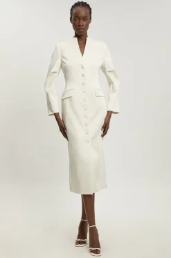 Robe Midi Cintrée En Satin À Boutonnage Sur Toute La Longueur