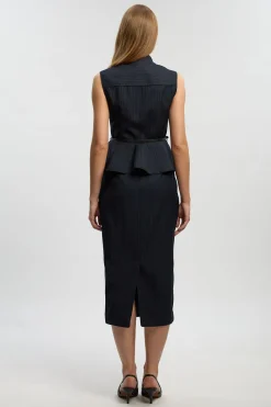 Robe Midi Cintrée À Fines Rayures Avec Basque Et Ceinture Petite