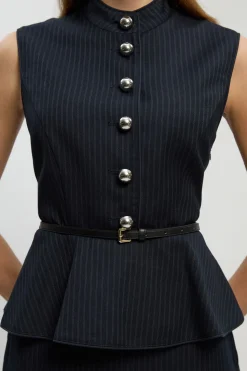 Robe Midi Cintrée À Fines Rayures Avec Basque Et Ceinture Petite