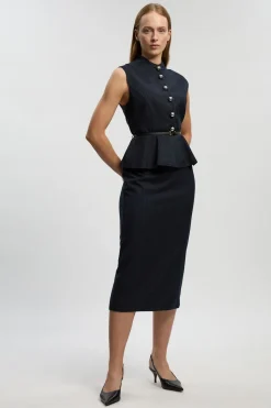 Robe Midi Cintrée À Fines Rayures Avec Basque Et Ceinture Petite