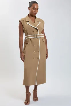 KarenMillen Robe Midi Cintrée Grande Taille À Double Boutonnage Avec Ceinture Et Liseré Contrastant<Femme Robes|Robes Mi-Longues
