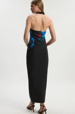 Robe Midi Cintrée à Imprimé Sophistiqué et Col Halter Froncé Lily Macrae