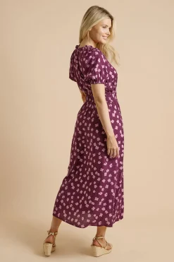 Dorothy Perkins Robe Midi Cintrée À Manches Bouffantes Et Imprimé Fleuri Ditsy Violet<Femme Toutes Les Robes|Robes D’Automne