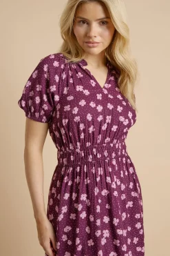 Dorothy Perkins Robe Midi Cintrée À Manches Bouffantes Et Imprimé Fleuri Ditsy Violet<Femme Toutes Les Robes|Robes D’Automne