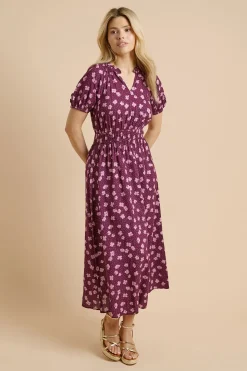 Dorothy Perkins Robe Midi Cintrée À Manches Bouffantes Et Imprimé Fleuri Ditsy Violet<Femme Toutes Les Robes|Robes D’Automne