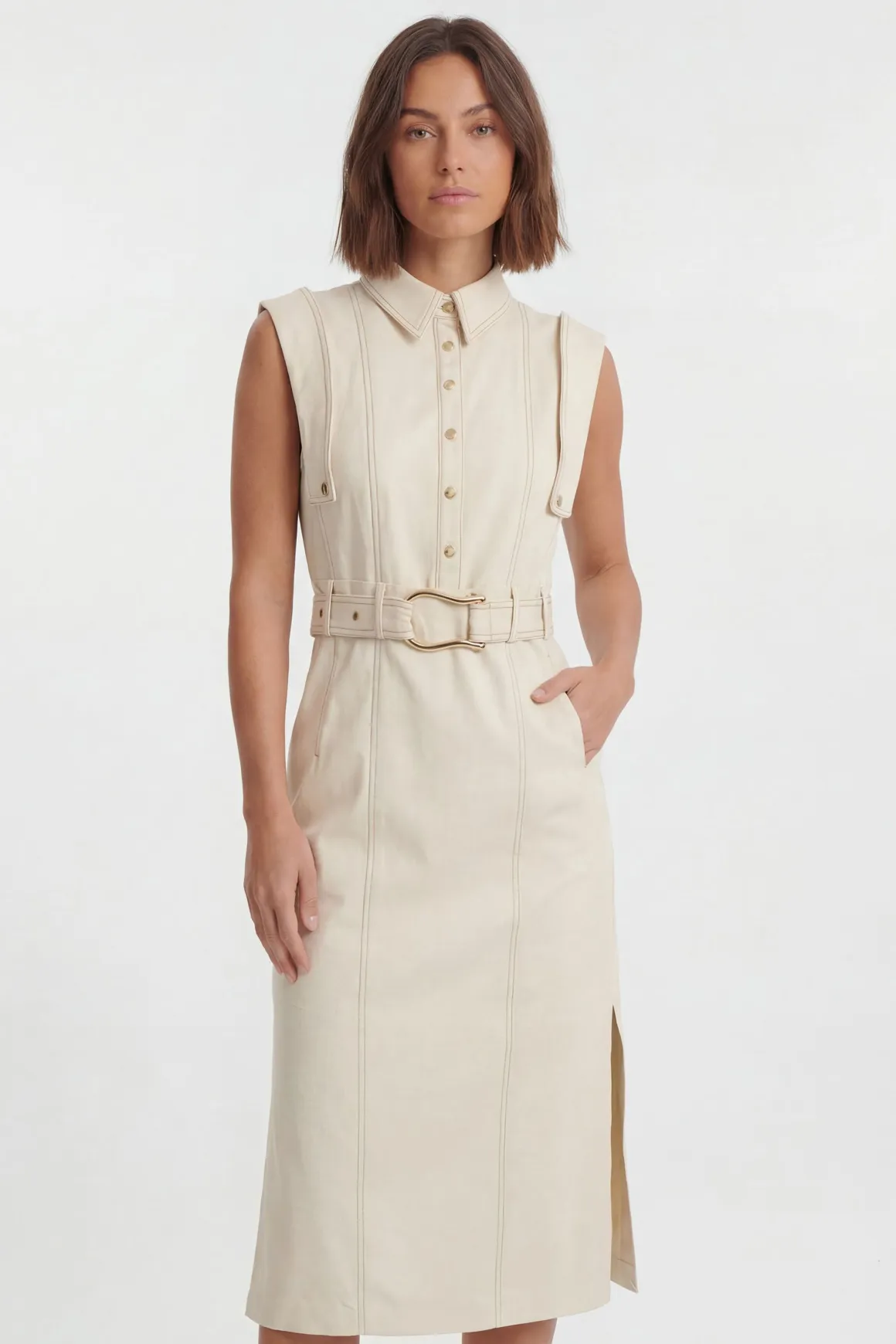 Robe Midi Cintrée Petite Taille Avec Ceinture Et Détails De Surpiqûres
