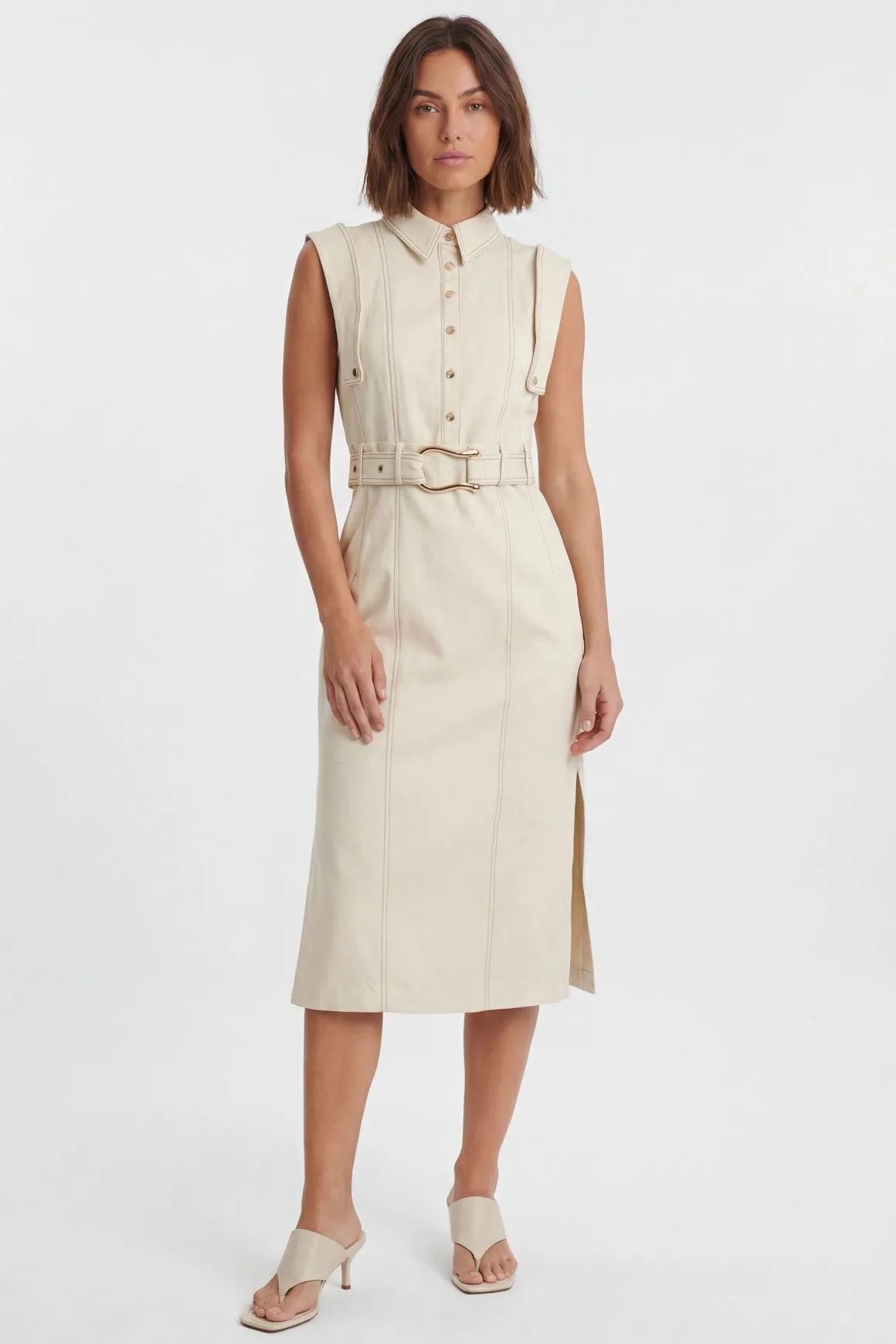 Robe Midi Cintrée Petite Taille Avec Ceinture Et Détails De Surpiqûres