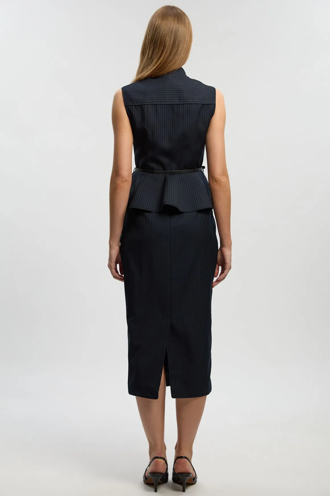 Robe Midi Cintrée À Rayures Tennis Avec Basque Et Ceinture