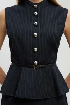 Robe Midi Cintrée À Rayures Tennis Avec Basque Et Ceinture