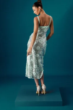 Robe Midi Coast Muse à Bretelles avec Fleurs Sequins 3D