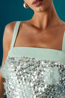 Robe Midi Coast Muse à Bretelles avec Fleurs Sequins 3D