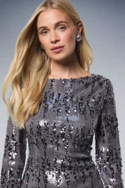 Robe Midi à Col Bénitier Pailletée Petite Taille