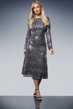 Robe Midi à Col Bénitier Pailletée Petite Taille