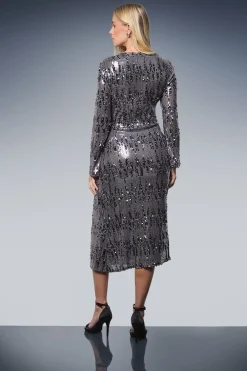 Robe Midi à Col Bénitier Pailletée Petite Taille