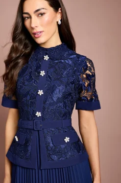 Robe Midi À Col En Dentelle Avec Boutons Perles