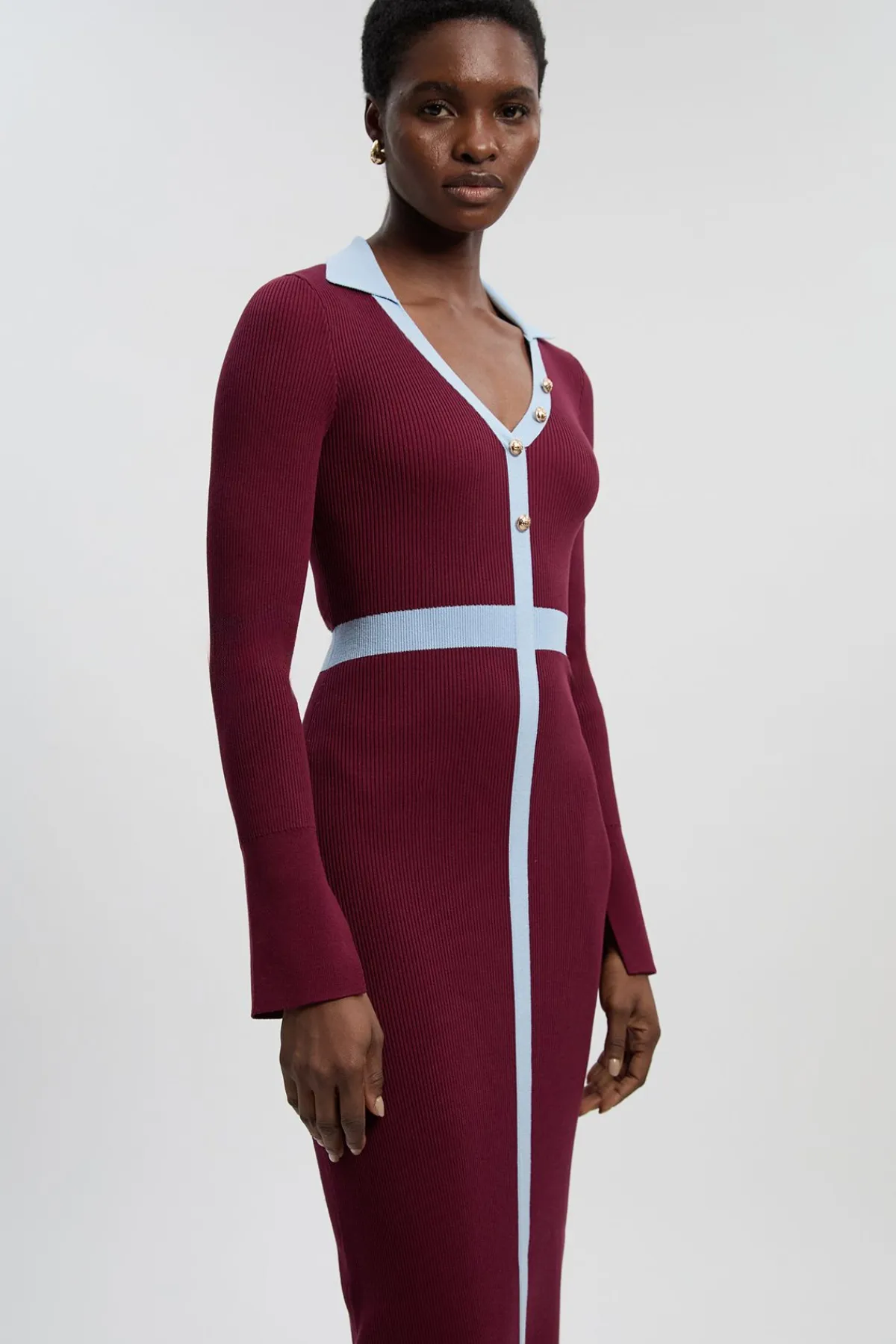 KarenMillen Robe Midi à Col en Maille Côtelée avec Détail Contrastant à la Taille<Femme Toutes Les Robes|Robes Mi-Longues