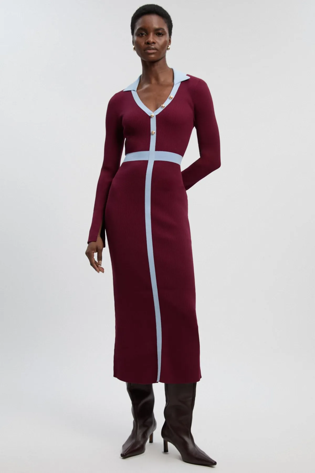 KarenMillen Robe Midi à Col en Maille Côtelée avec Détail Contrastant à la Taille<Femme Toutes Les Robes|Robes Mi-Longues