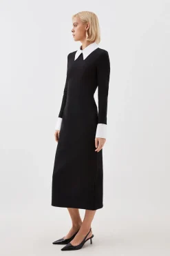 Robe Midi à Col en Popeline de Coton Jersey