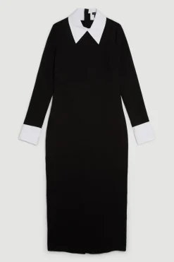 Robe Midi à Col en Popeline de Coton Jersey