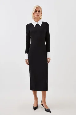 Robe Midi à Col en Popeline de Coton Jersey