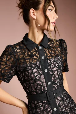 Robe Midi à Col et Dentelle Florale