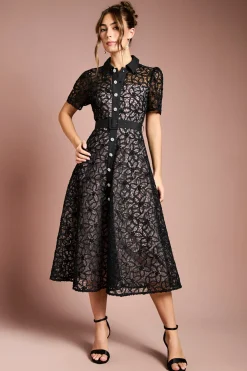 Robe Midi à Col et Dentelle Florale