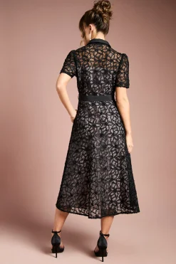 Robe Midi à Col et Dentelle Florale