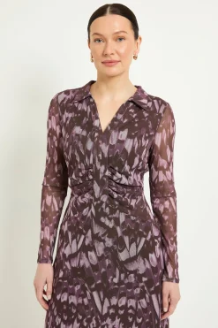 Robe Midi Col Froncé En Maille Motif Papillon Abstrait