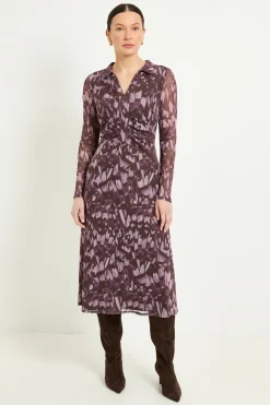 Robe Midi Col Froncé En Maille Motif Papillon Abstrait