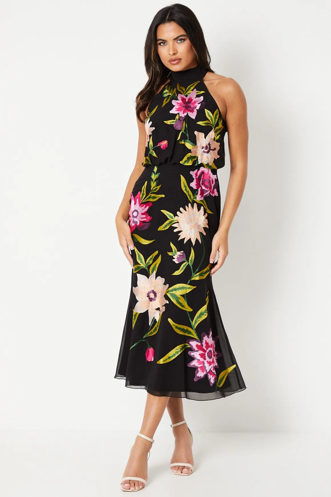 Robe Midi À Col Montant Avec Broderie Florale