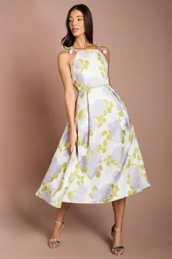 Robe Midi Col Montant À Bretelles Tulipe En Jacquard