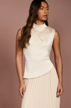 Robe Midi à Col Montant Drapé et Jupe Plissée