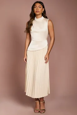 Robe Midi à Col Montant Drapé et Jupe Plissée