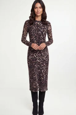 Wallis Robe Midi À Col Montant En Résille Imprimé Léopard<Femme Robes Mi-Longues|Robes À Manches Longues